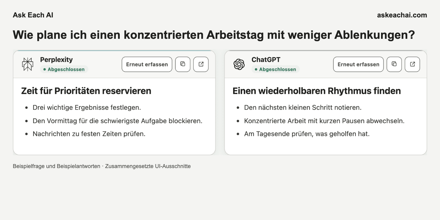 Ask Each AI Kostenlos: Ergebnisseite mit zwei ausgewählten KI-Antworten in kombinierten Oberflächenausschnitten