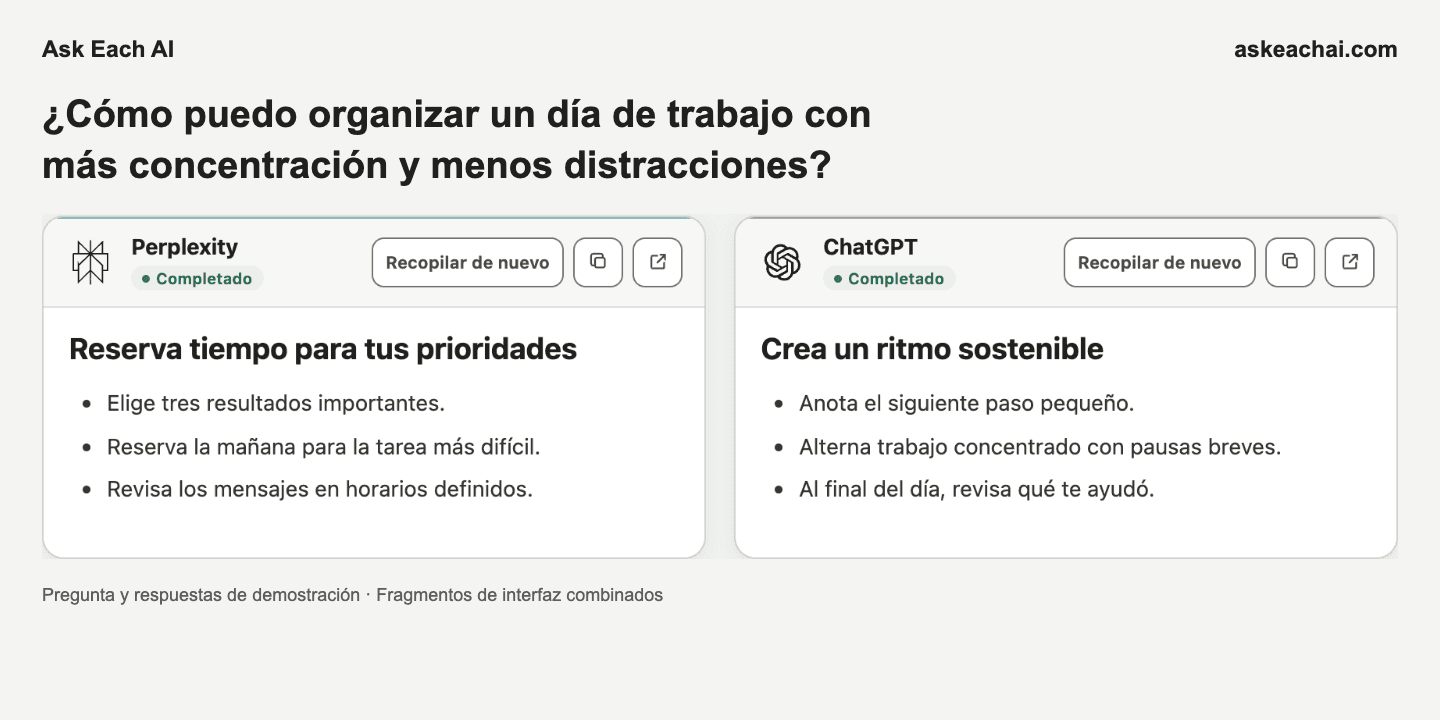 Página de resultados de Ask Each AI Gratis con dos respuestas de IA seleccionadas en fragmentos de interfaz combinados