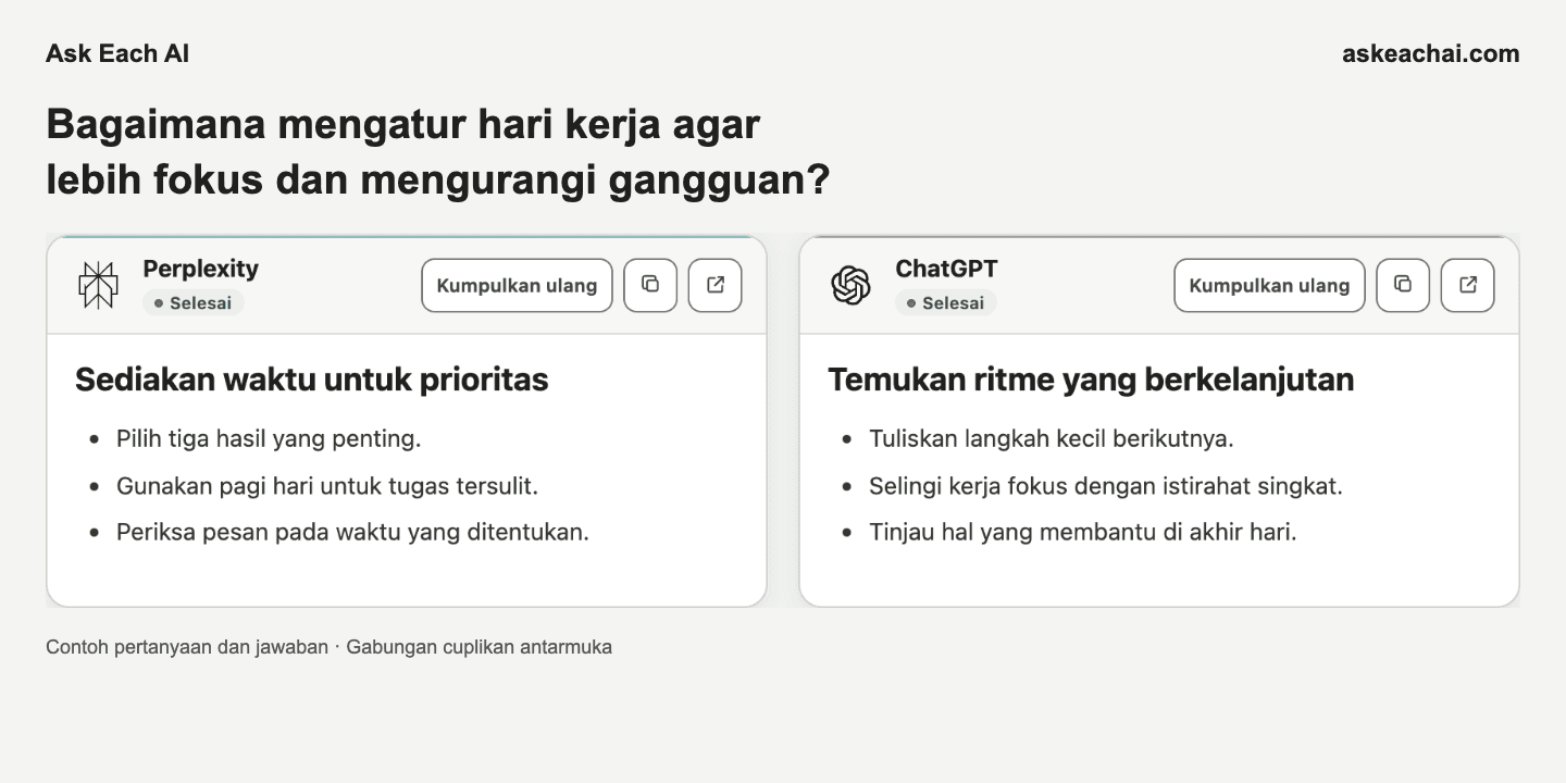 Halaman hasil Ask Each AI Gratis yang menampilkan dua jawaban AI pilihan dalam gabungan cuplikan antarmuka