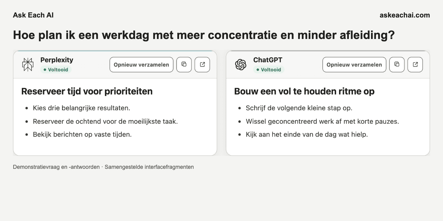 Resultatenpagina van Ask Each AI Gratis met twee geselecteerde AI-antwoorden in gecombineerde interfacefragmenten