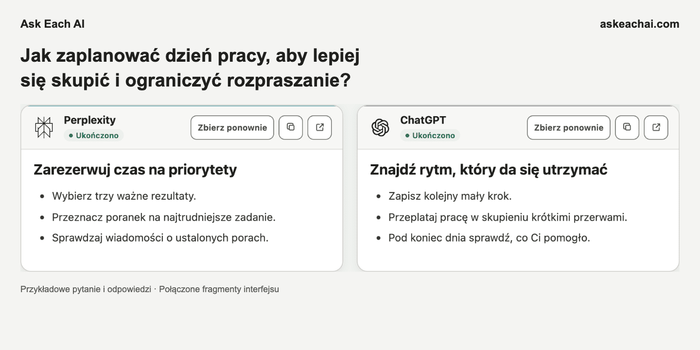 Strona wyników Ask Each AI w planie Bezpłatny: dwie wybrane odpowiedzi AI w połączonych fragmentach interfejsu