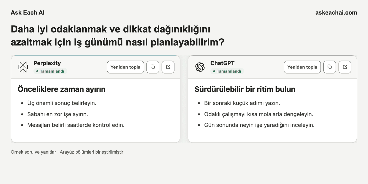 Birleştirilmiş arayüz kesitlerinde seçili iki yapay zekâ yanıtını gösteren Ask Each AI Ücretsiz sonuç sayfası