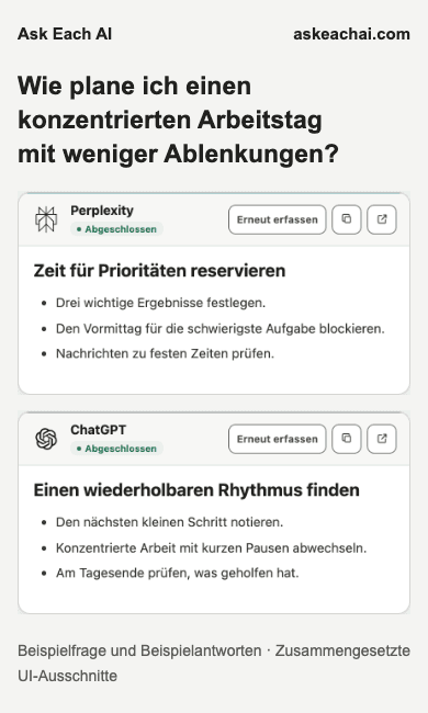 Ask Each AI Kostenlos: Ergebnisse im schmalen Fenster mit zwei KI-Antworten; keine Unterstützung für Chrome-Erweiterungen auf Mobilgeräten