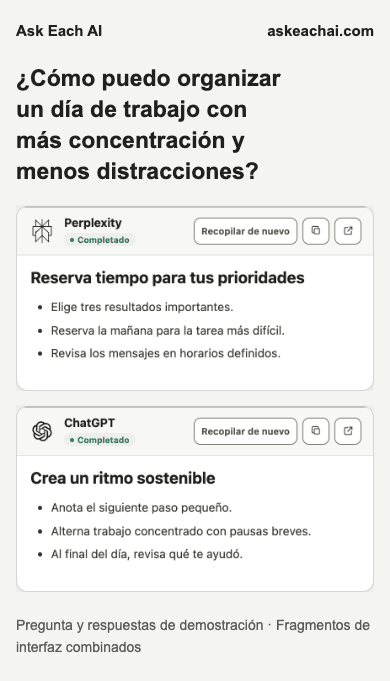 Resultados de Ask Each AI Gratis en una ventana estrecha con dos respuestas de IA; no indica compatibilidad de la extensión con Chrome móvil