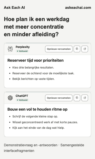 Resultaten van Ask Each AI Gratis in een smal venster met twee geselecteerde AI-antwoorden; dit betekent niet dat de extensie werkt in Chrome op mobiele apparaten