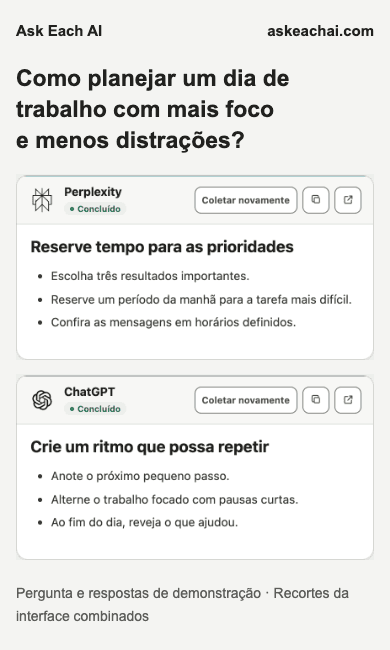 Resultados do Ask Each AI Grátis em janela estreita com duas respostas de IA; não indica suporte à extensão no Chrome para celulares