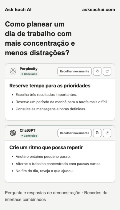 Resultados do Ask Each AI Gratuito em janela estreita com duas respostas de IA; não indica suporte à extensão no Chrome para telemóveis