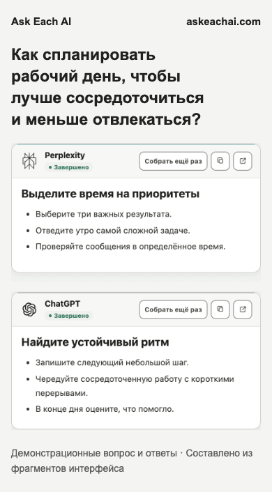 Результаты Ask Each AI на тарифе Бесплатный в узком окне с двумя ответами ИИ; это не означает поддержку расширения в мобильном Chrome