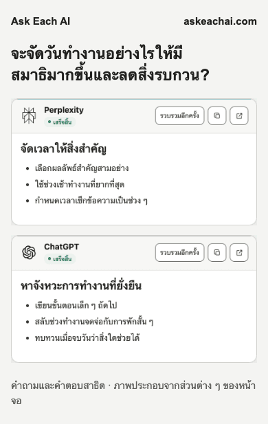ผลลัพธ์ Ask Each AI แผนฟรีในหน้าต่างแคบ แสดงคำตอบจาก AI ที่เลือกสองบริการ ไม่ได้หมายถึงการรองรับส่วนขยายบน Chrome มือถือ