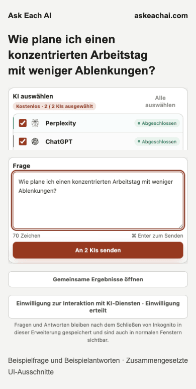 Ask Each AI Kostenlos: Seitenleiste mit zwei ausgewählten KI-Diensten und einem Fragefeld