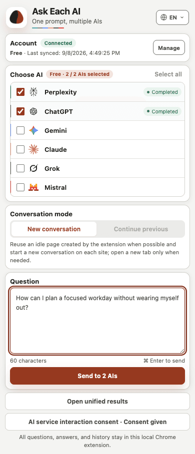 Ask Each AI Free Side Panel with two selected AI services and a prompt field