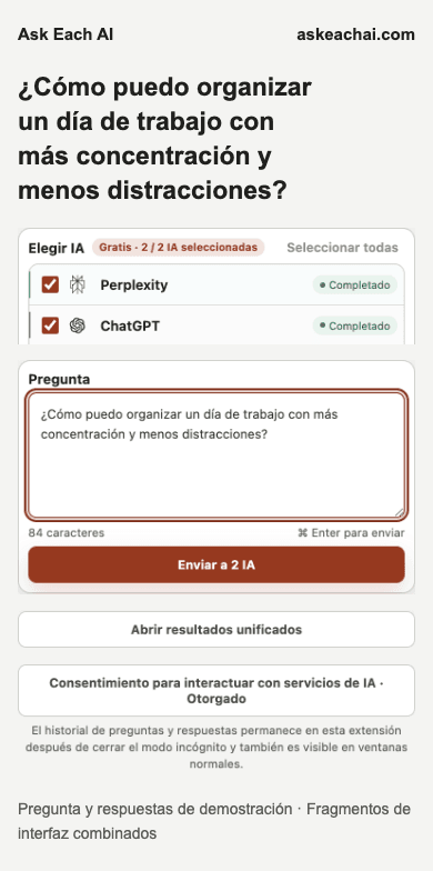 Panel lateral de Ask Each AI Gratis con dos servicios de IA seleccionados y un campo de pregunta