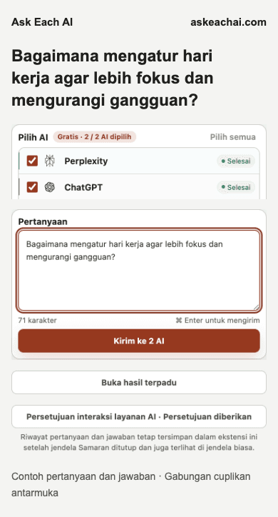 Panel Samping Ask Each AI Gratis dengan dua layanan AI pilihan dan kolom pertanyaan