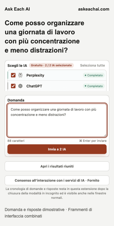 Pannello laterale di Ask Each AI Gratuito con due servizi di IA selezionati e un campo per la domanda