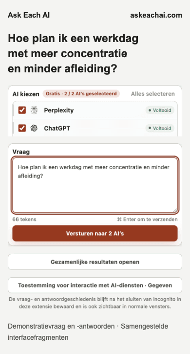 Zijpaneel van Ask Each AI Gratis met twee geselecteerde AI-diensten en een vraagveld