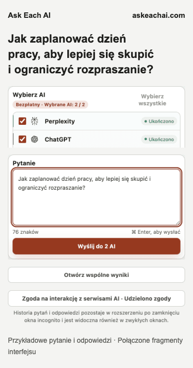 Panel boczny Ask Each AI w planie Bezpłatny z dwoma wybranymi serwisami AI i polem pytania