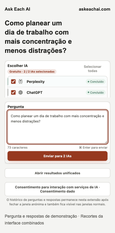 Painel lateral do Ask Each AI Gratuito com dois serviços de IA selecionados e um campo de pergunta