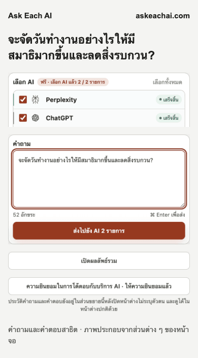 แผงด้านข้าง Ask Each AI แผนฟรี พร้อมบริการ AI ที่เลือกสองบริการและช่องคำถาม