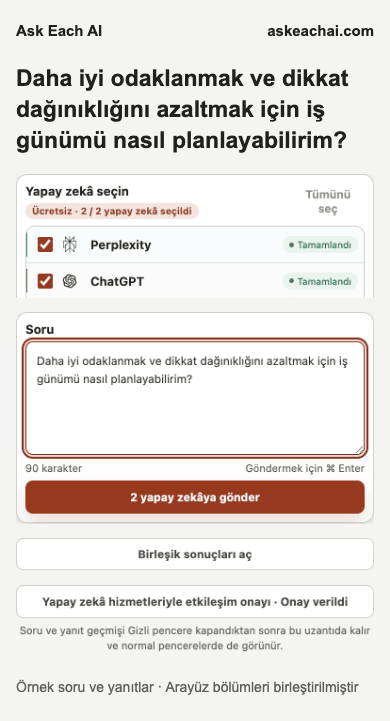 Seçili iki yapay zekâ hizmeti ve soru alanı içeren Ask Each AI Ücretsiz yan paneli