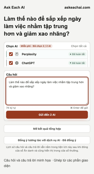 Bảng bên Ask Each AI Miễn phí với hai dịch vụ AI đã chọn và ô nhập câu hỏi