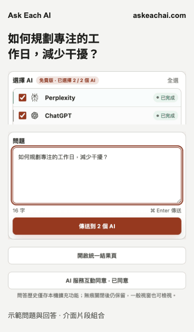 Ask Each AI 免費版 側邊欄，展示兩個已選 AI 服務和問題輸入框